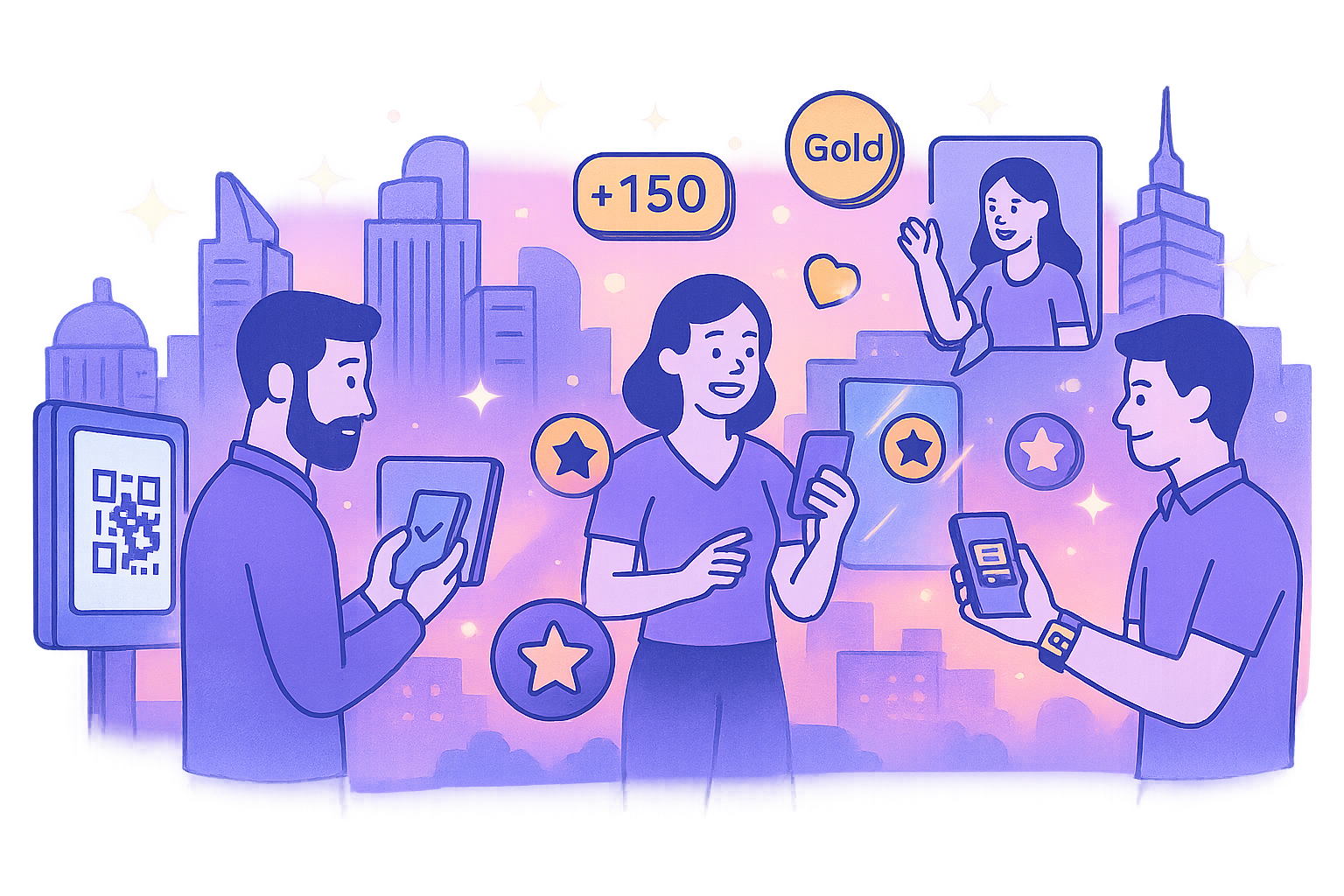 People interacting with a loyalty program on their phones and a kiosk